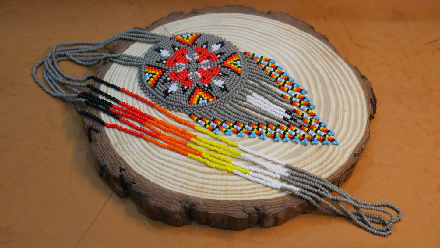 Grey Native American 4 Fox Beaded Medallion Necklace ( Handmade )