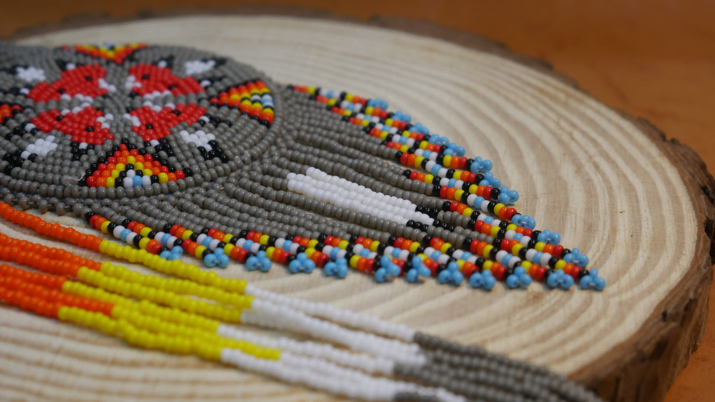 Grey Native American 4 Fox Beaded Medallion Necklace ( Handmade )