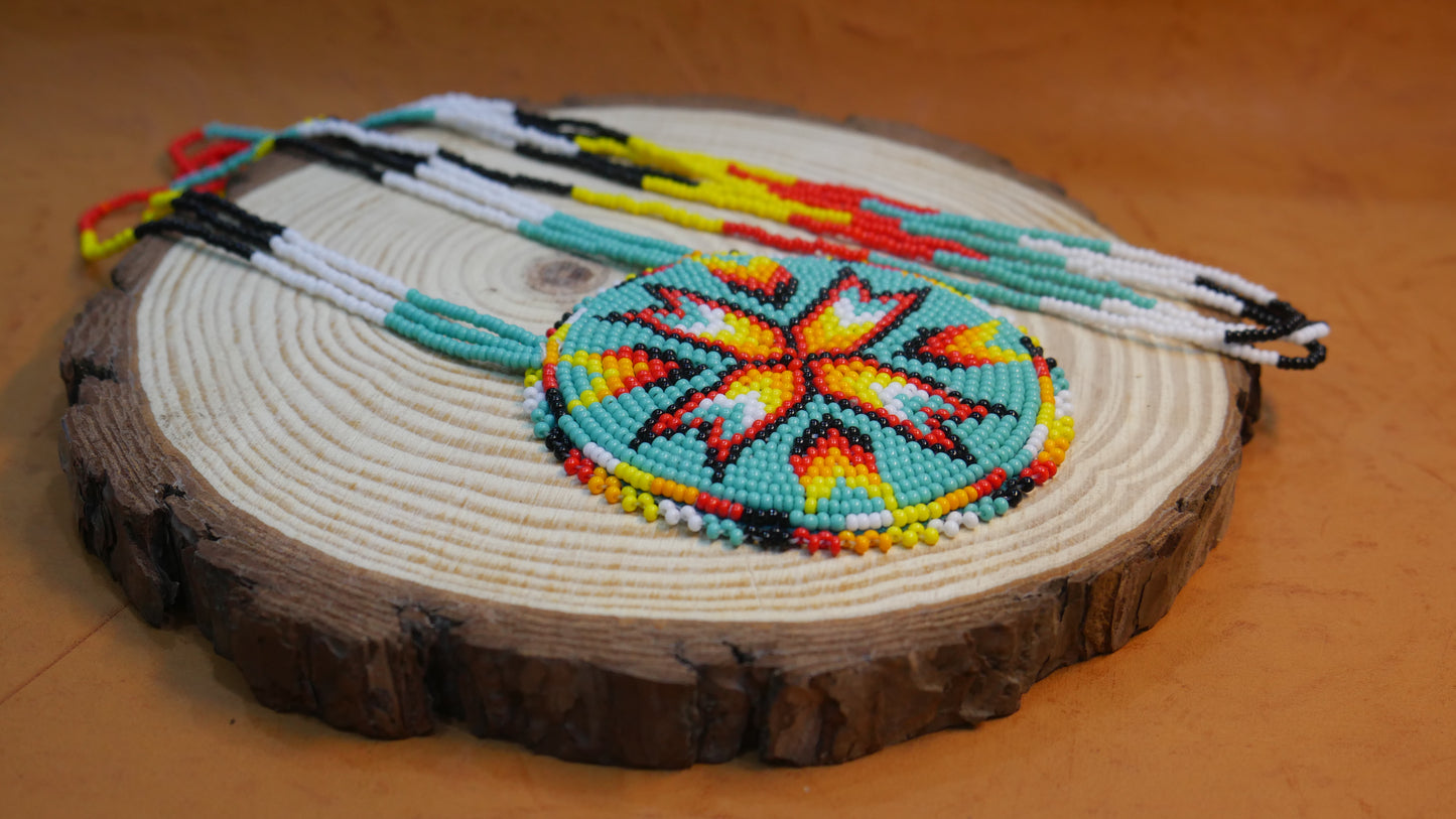 Turquoise Native American Arrow Beaded Medallion Necklace ( Handmade )