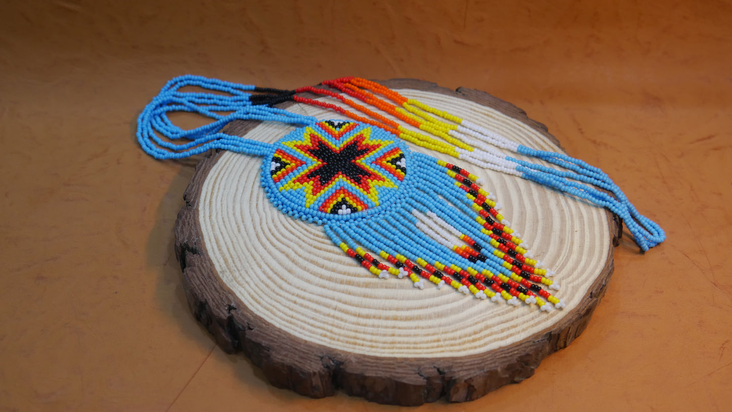 Sky-Blue Native American Arrow Beaded Medallion Necklace ( Handmade )