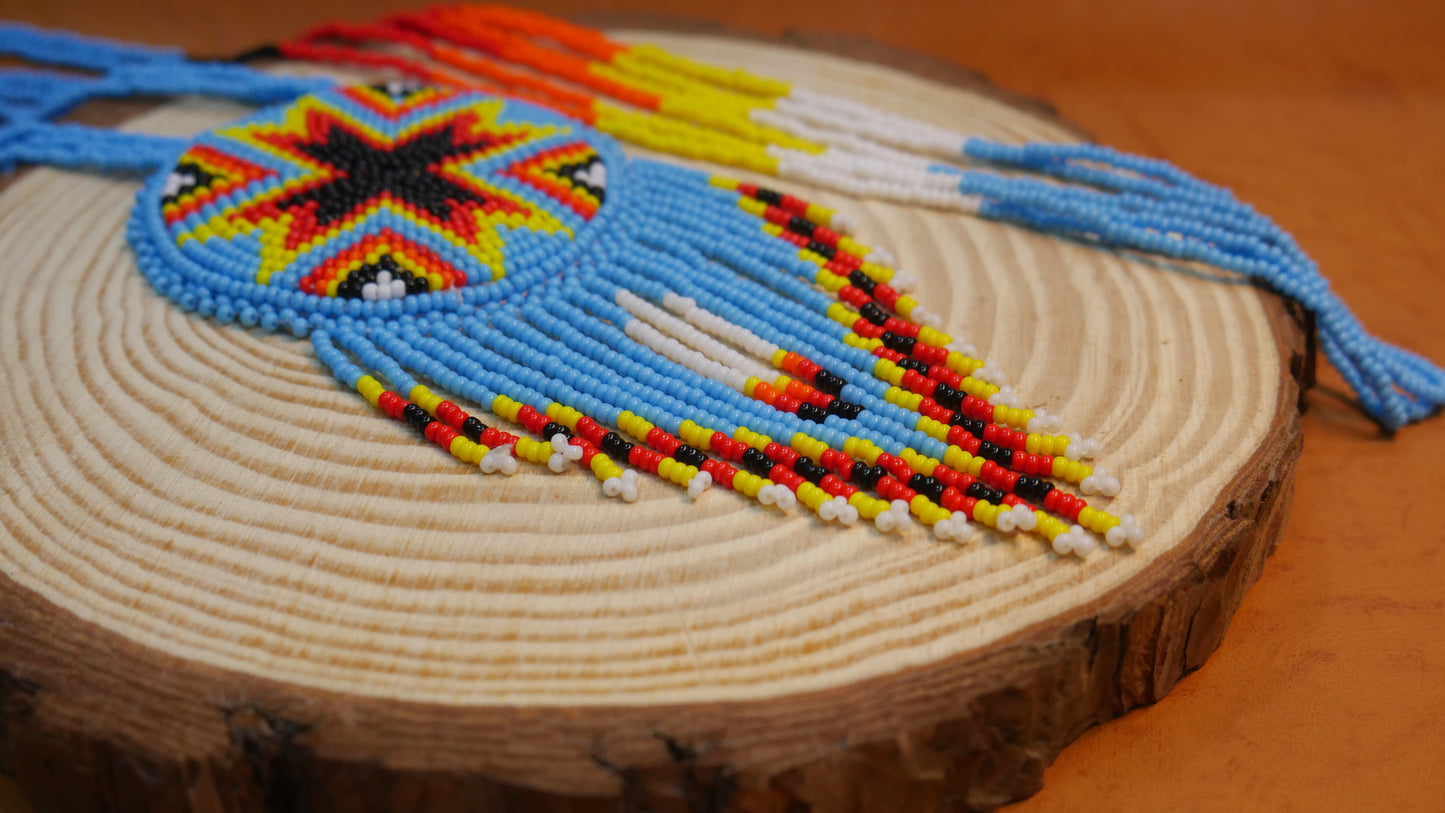 Sky-Blue Native American Arrow Beaded Medallion Necklace ( Handmade )