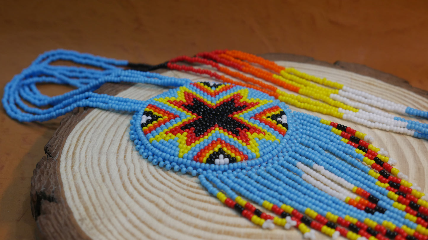 Sky-Blue Native American Arrow Beaded Medallion Necklace ( Handmade )