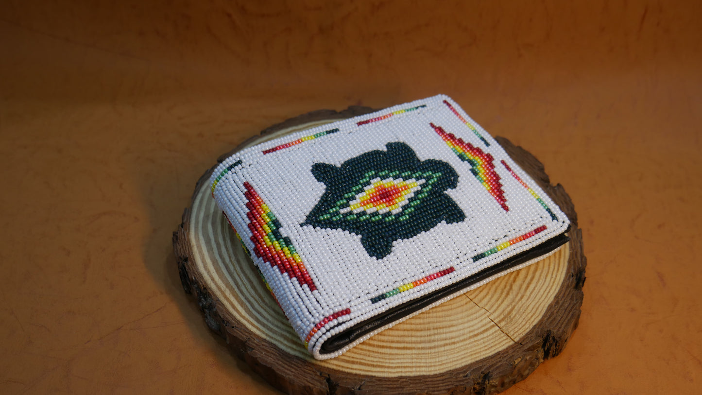 White Turtle Handmade beaded Leather Wallet seed bead Native American Beadwork| traditional gifts for men and women