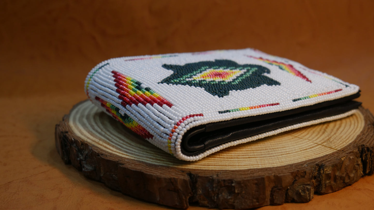 White Turtle Handmade beaded Leather Wallet seed bead Native American Beadwork| traditional gifts for men and women