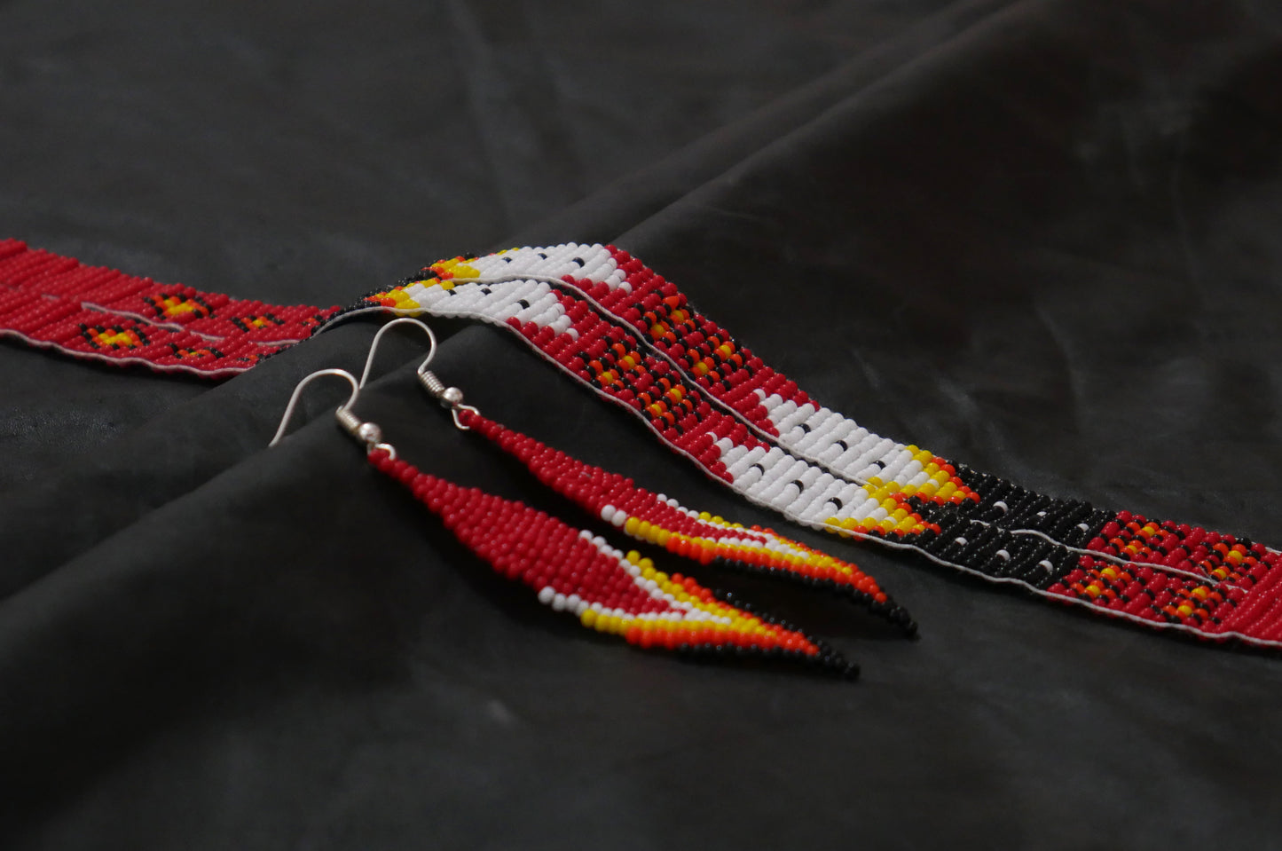Red & Black beaded lanyard with matching Beaded Earrings, Native American Lanyard, beaded badge holder, ID card holder