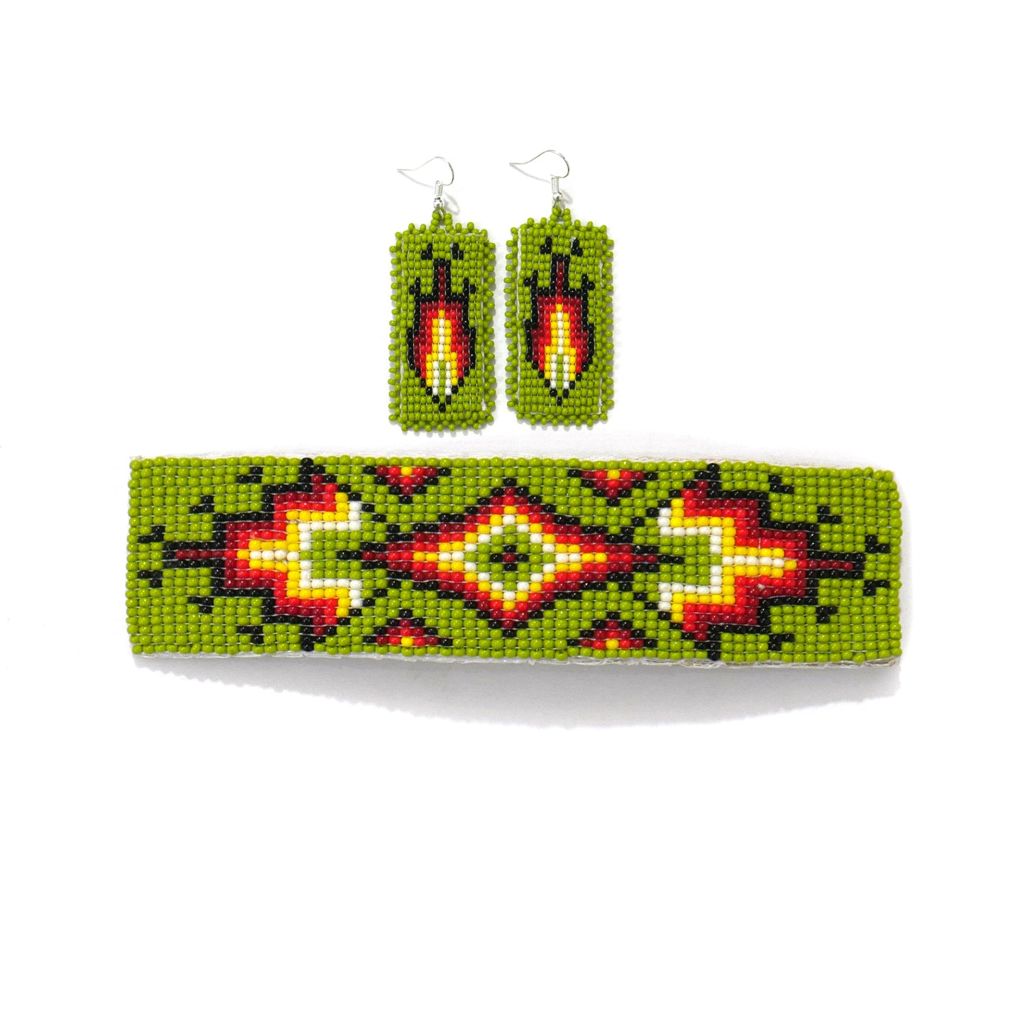 Green Geometric Beaded Hair Clips Native American Handmade Beaded Hair Baw Beaded Barrette