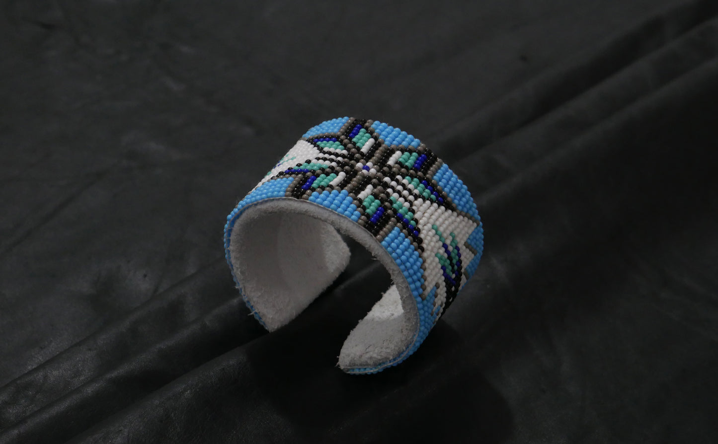 Sky-Blue Star Beaded Cuff Bracelet native American seed beads Adjustable cuff bracelet (Handmade)