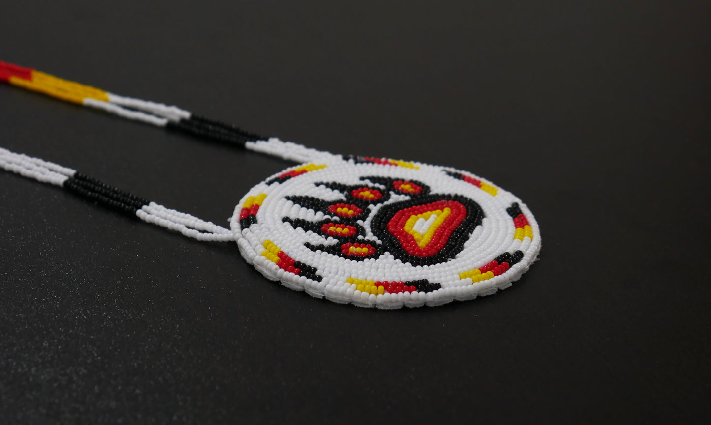 White & Black Native American Beaded Bear Paw Medallion Necklace ( Handmade )