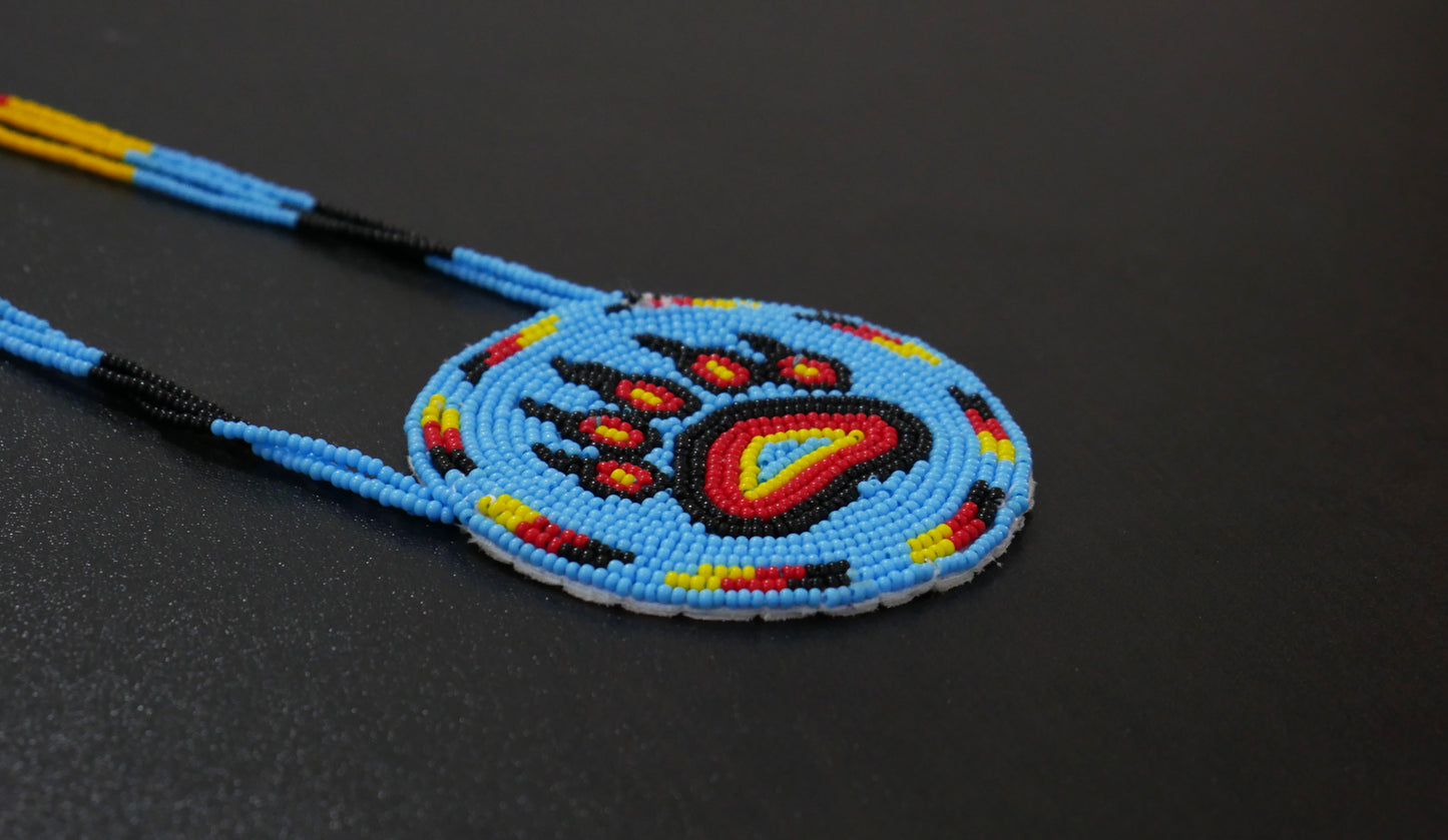 Sky-Blue Native American Beaded Bear Paw Medallion Necklace ( Handmade )