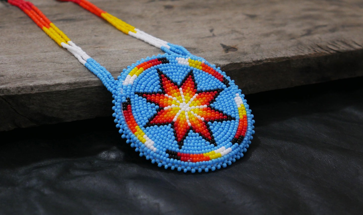 Sky-Blue Native American Beaded Morning Star Medallion Necklace With Beaded Earring ( Handmade )