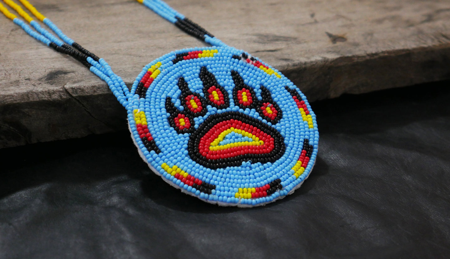 Sky-Blue Native American Beaded Bear Paw Medallion Necklace ( Handmade )
