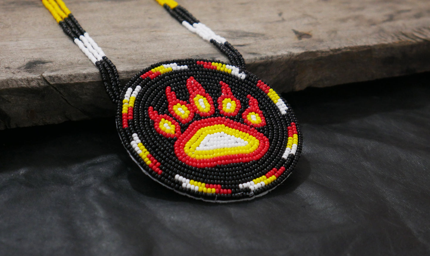 Black Native American Beaded Bear Paw Medallion Necklace ( Handmade )