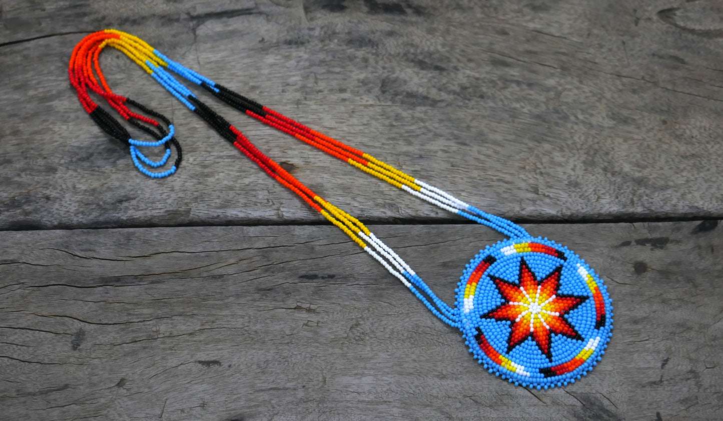 Sky-Blue Native American Beaded Morning Star Medallion Necklace With Beaded Earring ( Handmade )