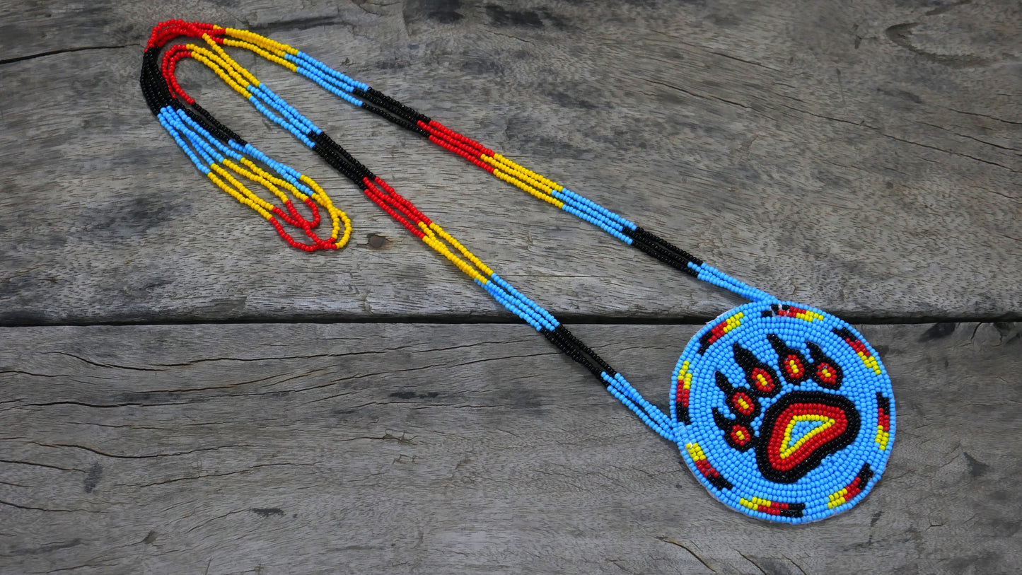 Sky-Blue Native American Beaded Bear Paw Medallion Necklace ( Handmade )