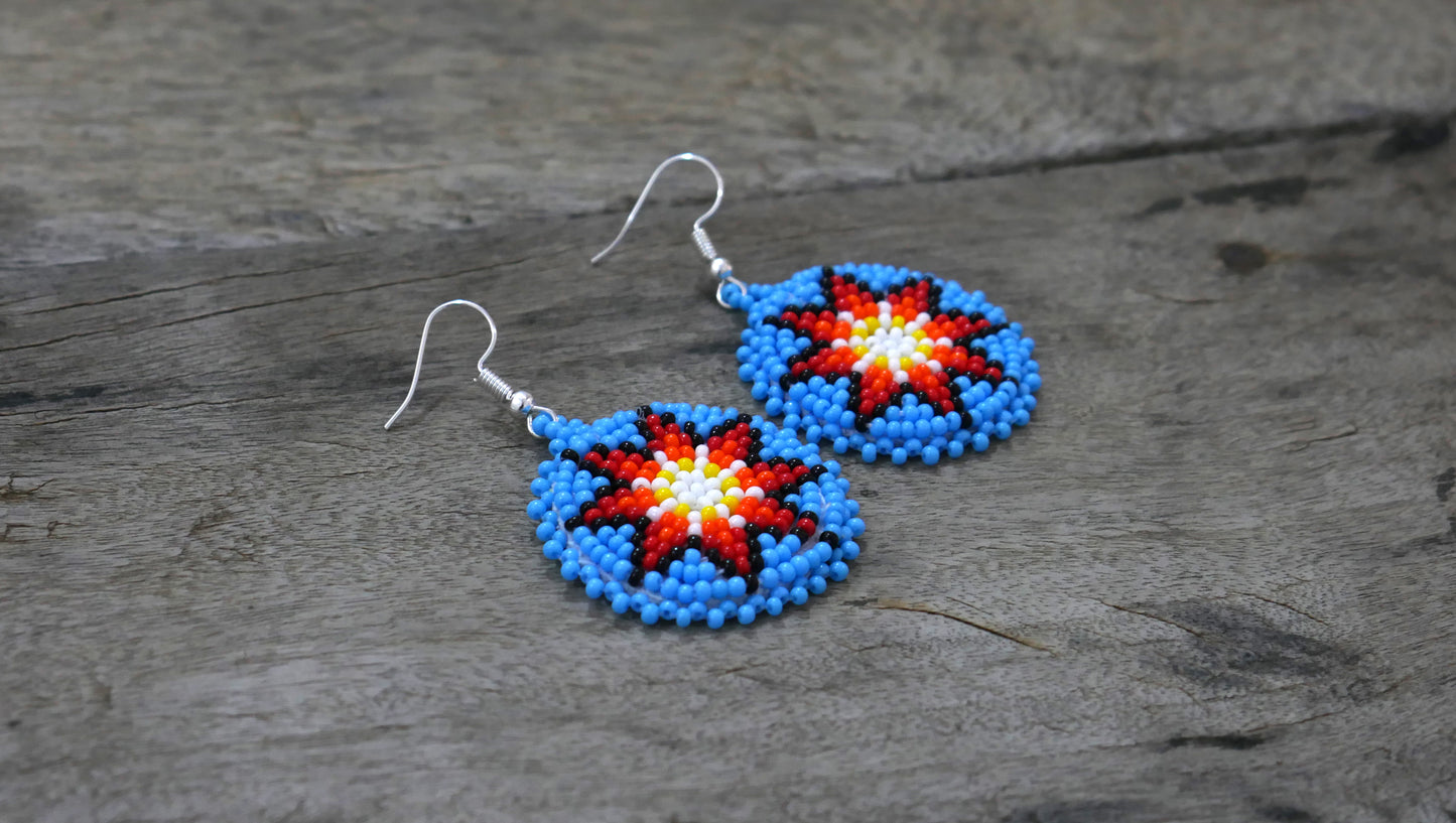 Sky-Blue Native American Beaded Morning Star Medallion Necklace With Beaded Earring ( Handmade )