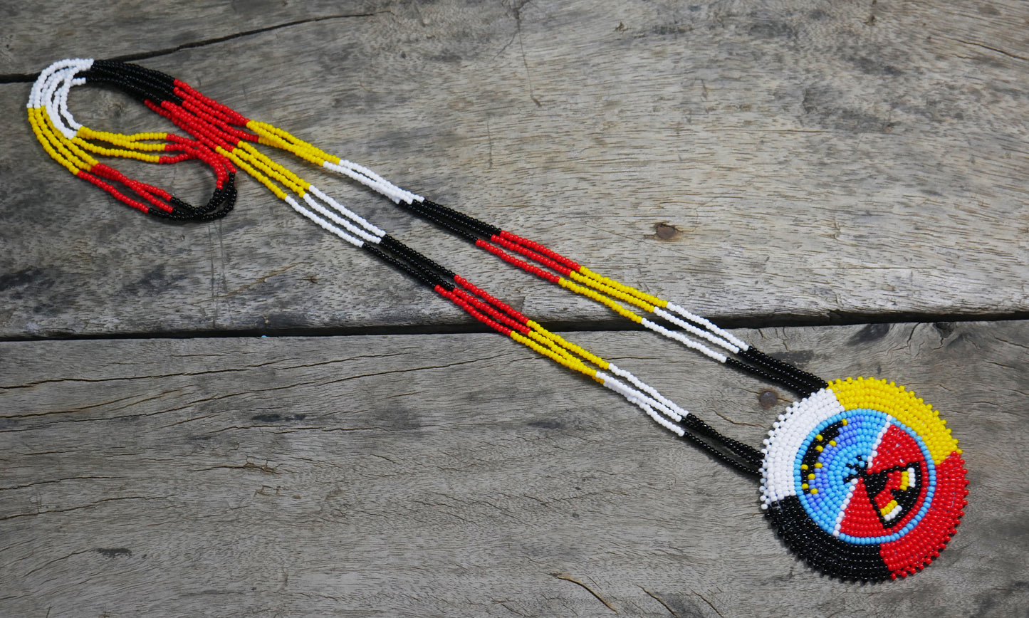 Red Black Yellow & Red Native American Tee pee Under The Star Beaded Medallion Necklace ( Handmade )