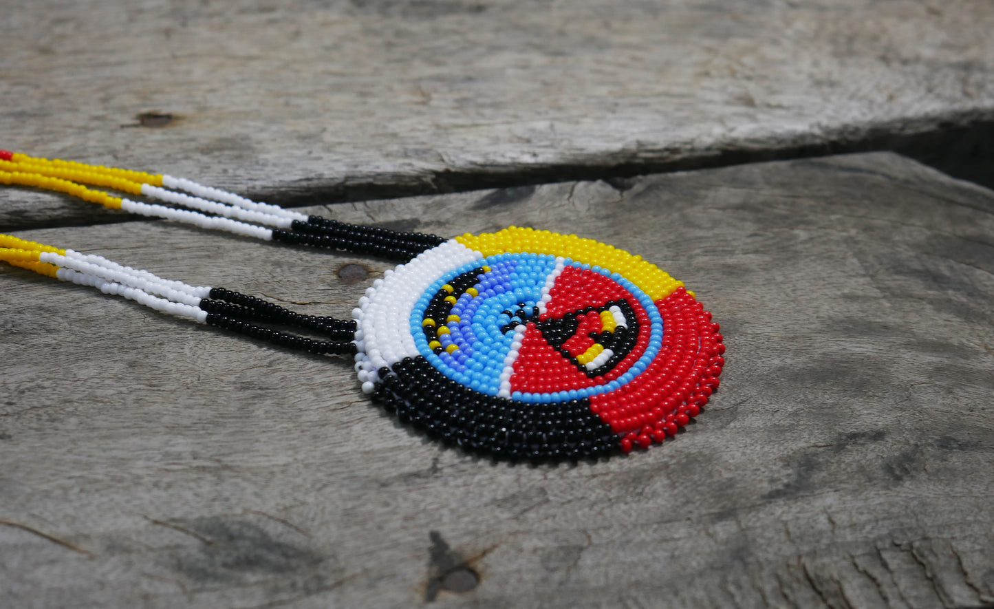 Red Black Yellow & Red Native American Tee pee Under The Star Beaded Medallion Necklace ( Handmade )
