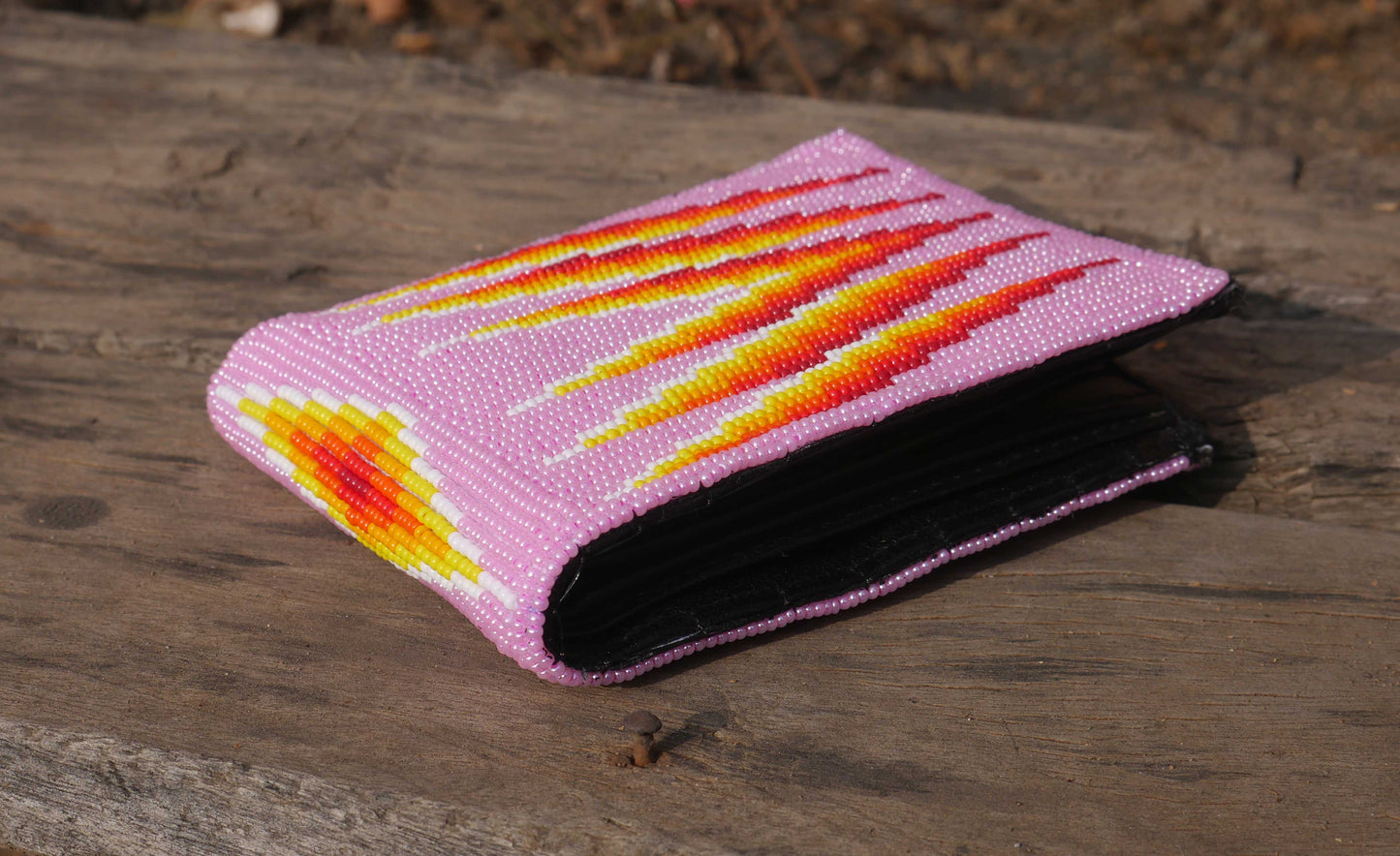 Pink Handmade beaded Leather Wallet seed bead Native American Beadwork| traditional gifts for men and women
