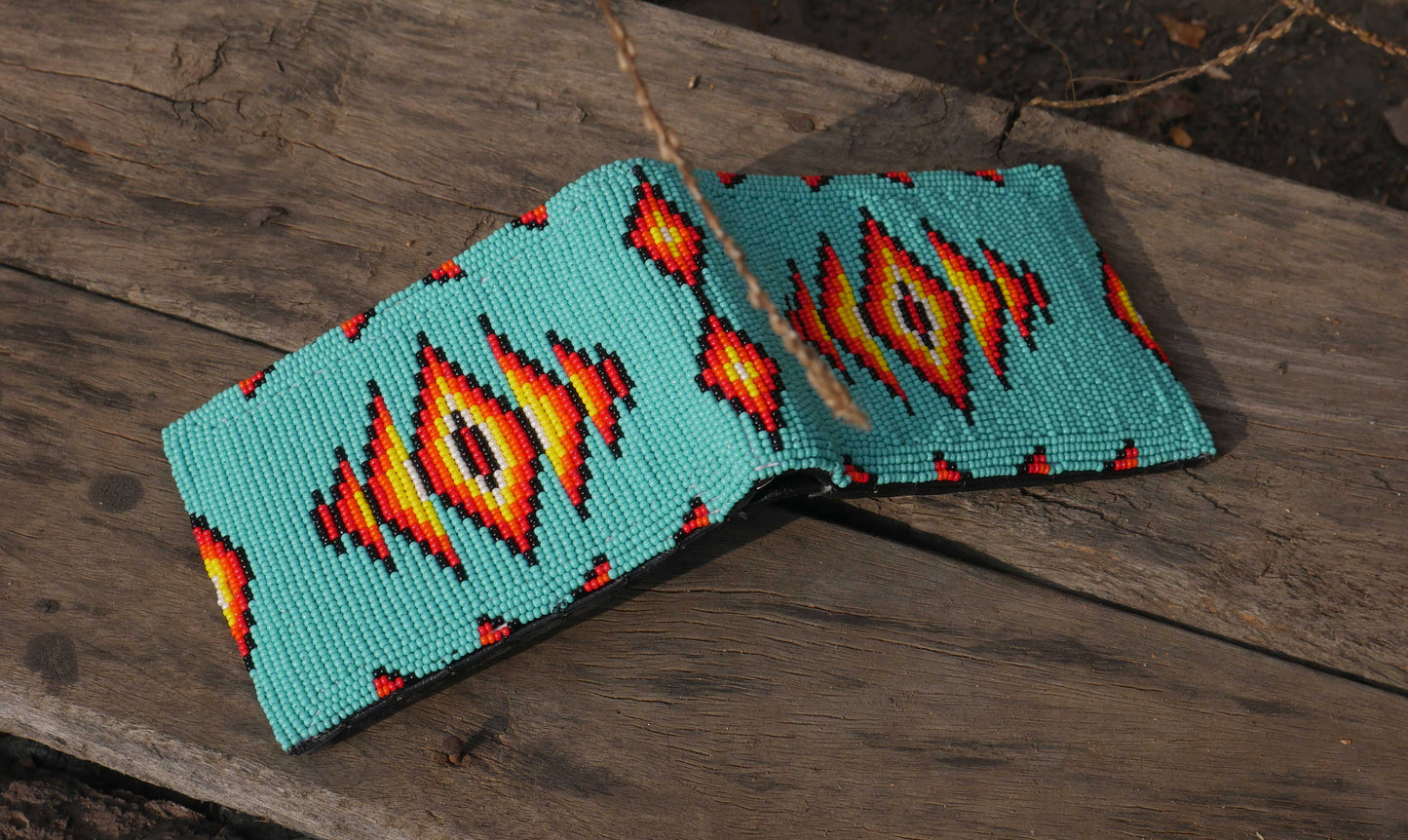 Turquoise Handmade beaded Leather Wallet seed bead Native American Beadwork| traditional gifts for men and women