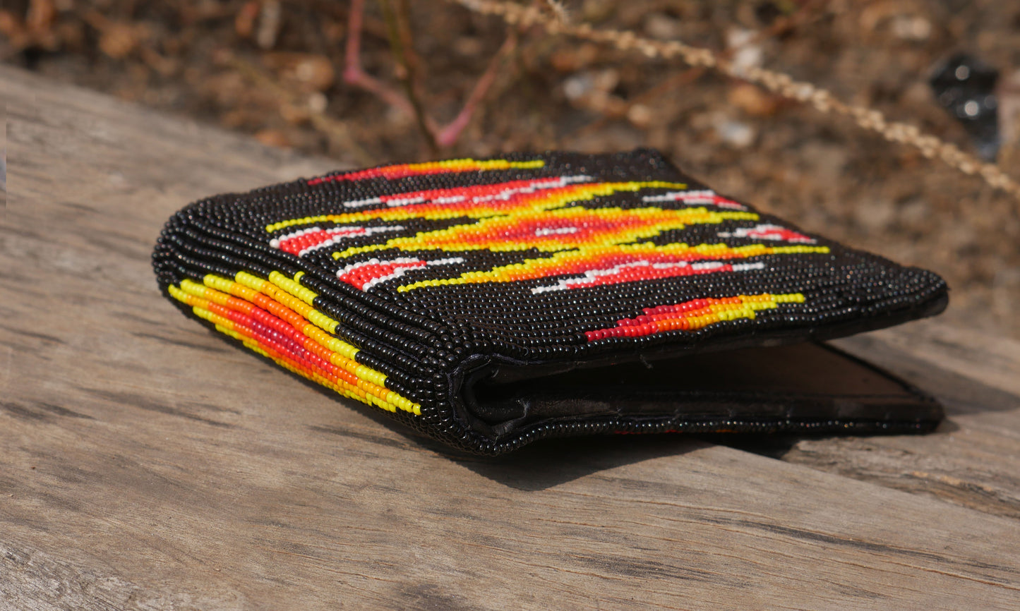 Black Handmade beaded Leather Wallet seed bead Native American handicraft| traditional gifts for men and women