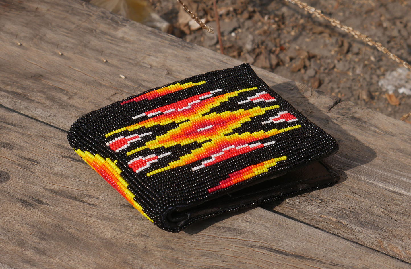 Black Handmade beaded Leather Wallet seed bead Native American handicraft| traditional gifts for men and women