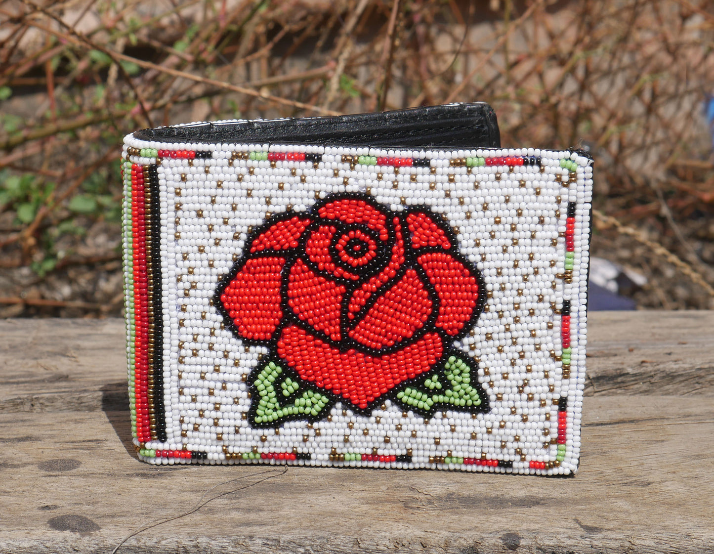 White Rose Handmade beaded Leather Wallet seed bead Native American Beadwork| traditional gifts for men and women