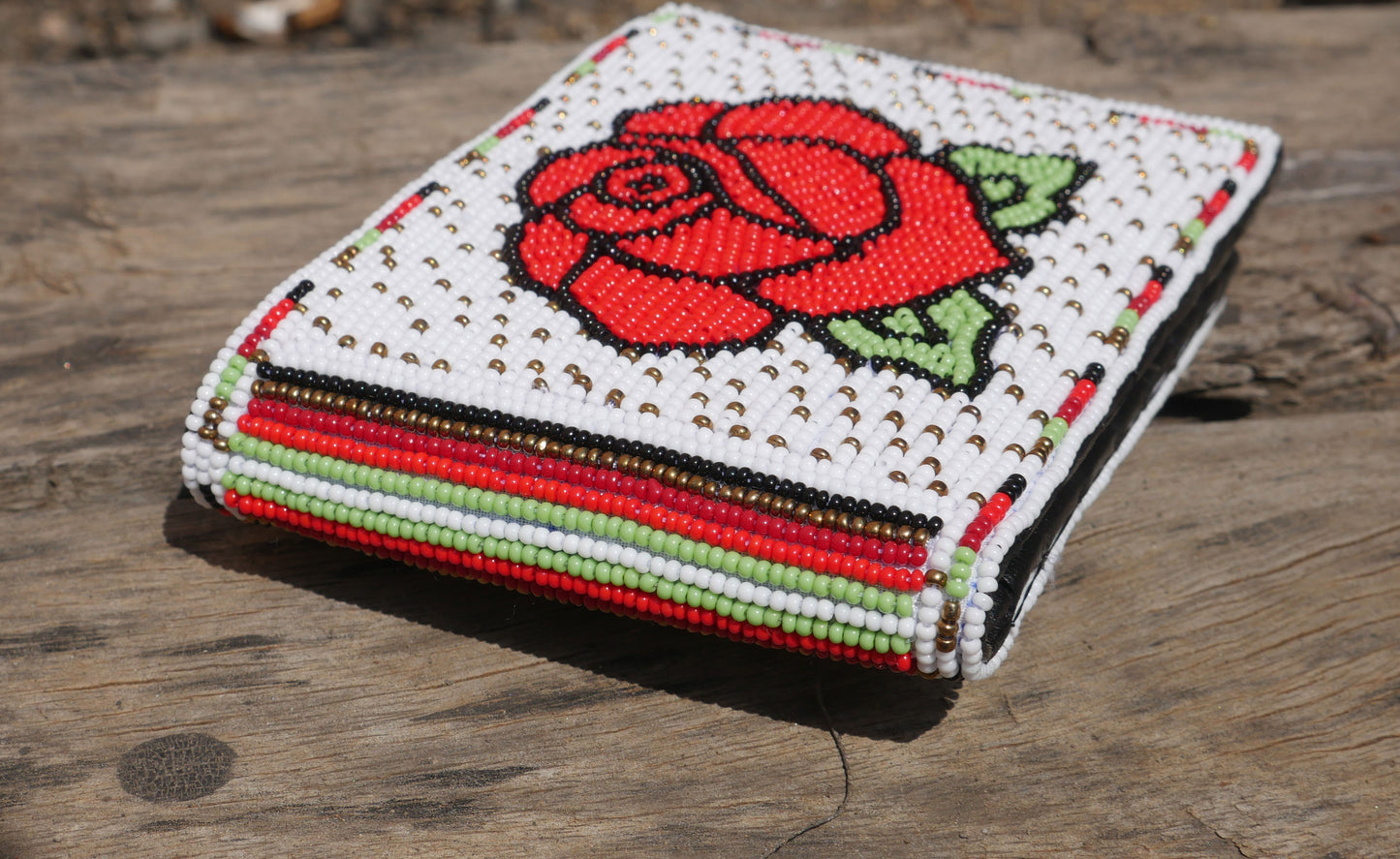 White Rose Handmade beaded Leather Wallet seed bead Native American Beadwork| traditional gifts for men and women
