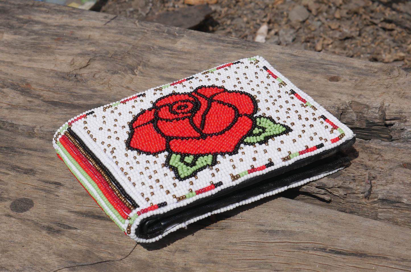 White Rose Handmade beaded Leather Wallet seed bead Native American Beadwork| traditional gifts for men and women