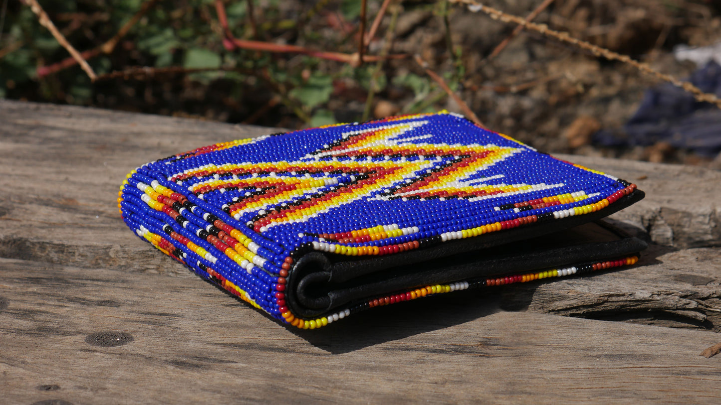 Blue Handmade beaded Leather Wallet seed bead Native American Beadwork| traditional gifts for men and women