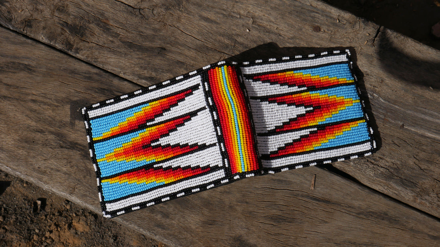 White - Sky-Blue Handmade beaded Leather Wallet seed bead Native American Beadwork| traditional gifts for men and women