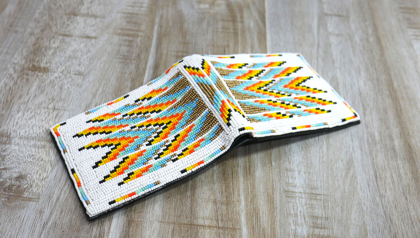 White Handmade beaded Leather Wallet seed bead Native American Beadwork| traditional gifts for men and women