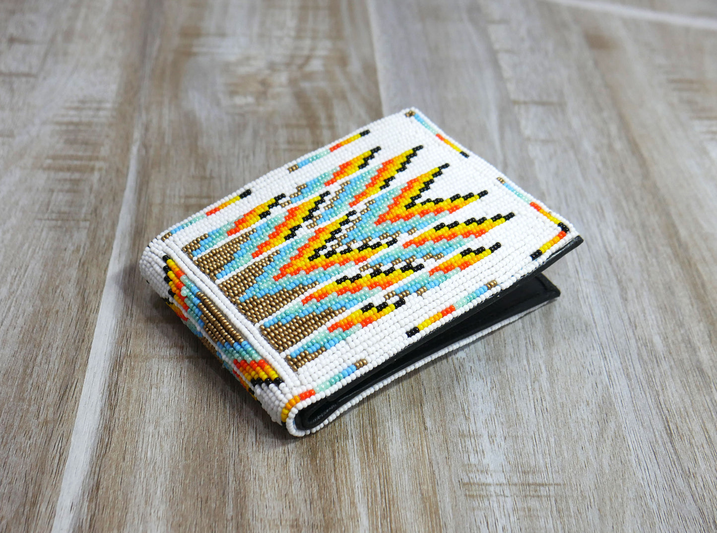 White Handmade beaded Leather Wallet seed bead Native American Beadwork| traditional gifts for men and women