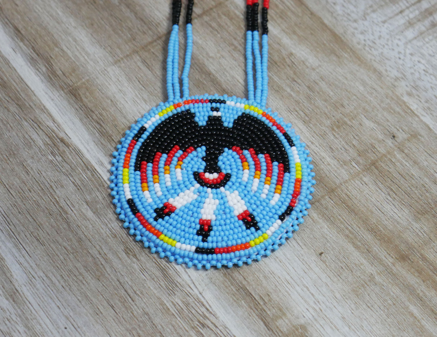 Sky-Blue Native American Eagle Beaded Medallion Necklace ( Handmade )