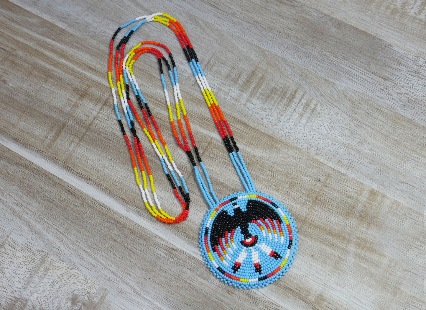 Sky-Blue Native American Eagle Beaded Medallion Necklace ( Handmade )