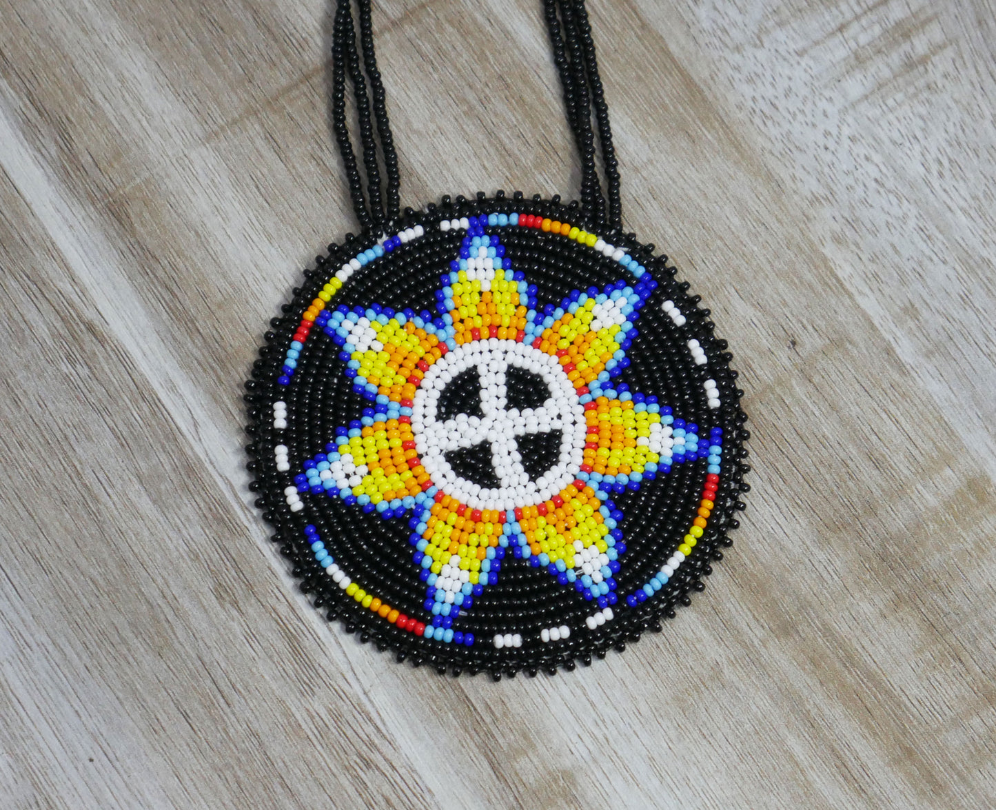 Black Native American Flower Beaded Medallion Necklace ( Handmade )