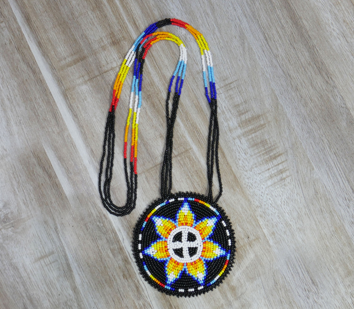 Black Native American Flower Beaded Medallion Necklace ( Handmade )