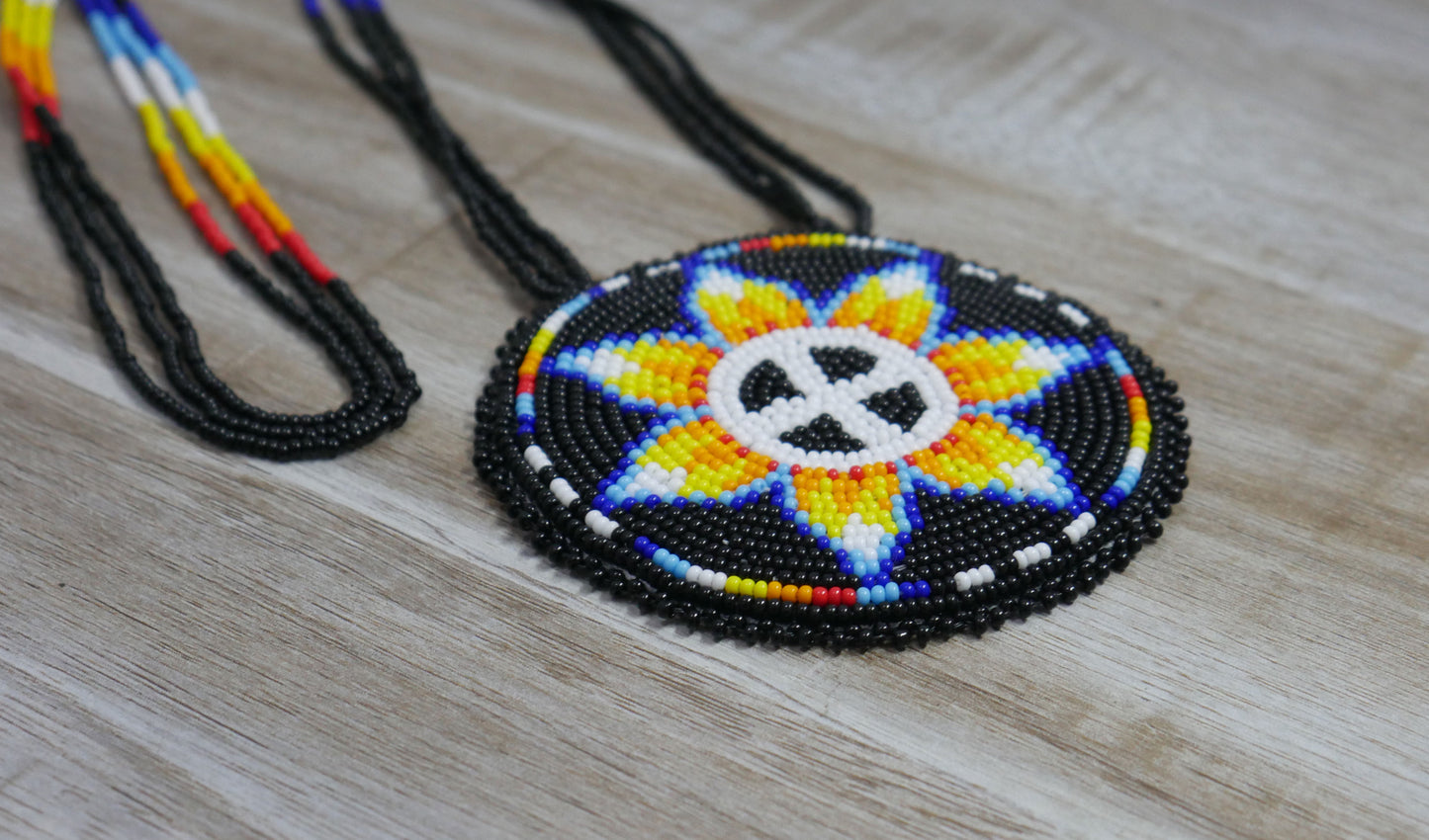 Black Native American Flower Beaded Medallion Necklace ( Handmade )