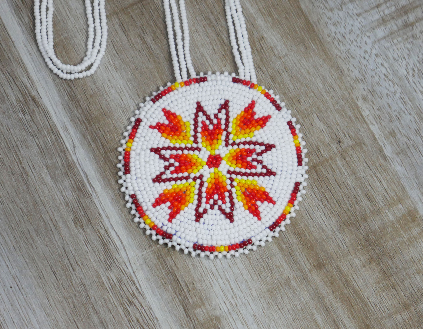 White Native American Arrow Beaded Medallion Necklace ( Handmade )