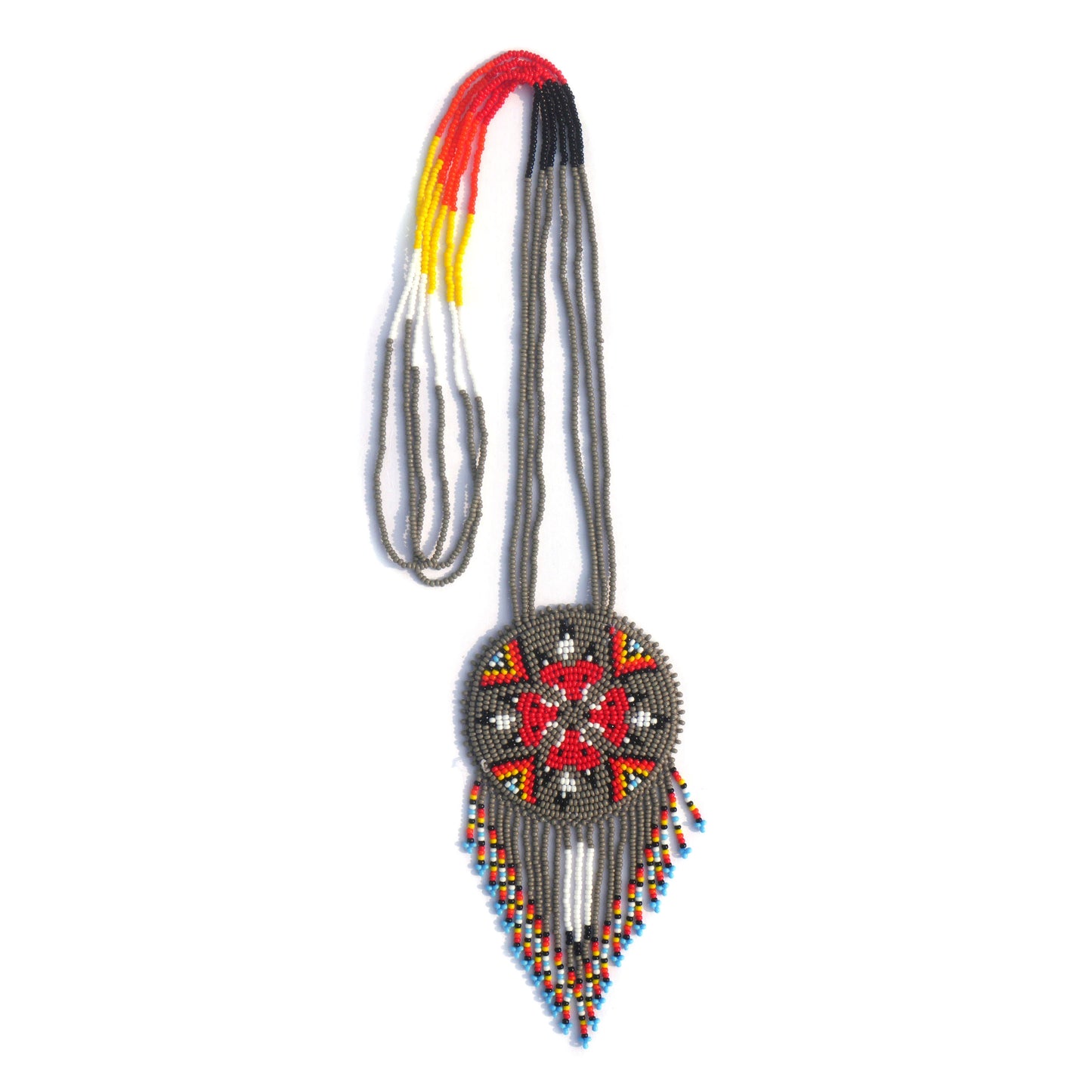 Grey Native American 4 Fox Beaded Medallion Necklace ( Handmade )