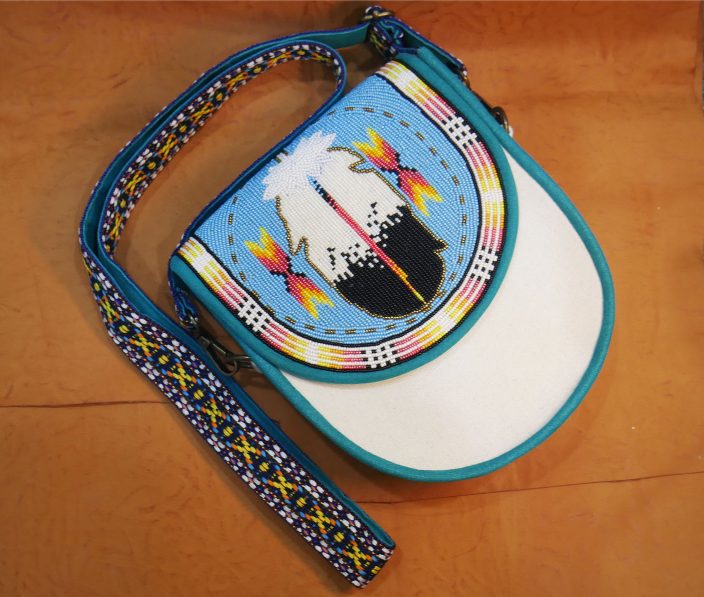 Handmade Beaded Canvas Crossbody Bag , Shoulder Bag, Gift for Her, Gift for him ( Sky-Blue Feather)