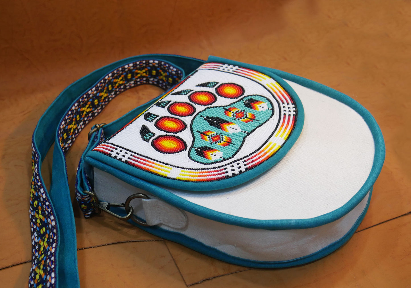Handmade Beaded Canvas Crossbody Bag , Shoulder Bag, Gift for Her, Gift for him ( White Bear-Paw)