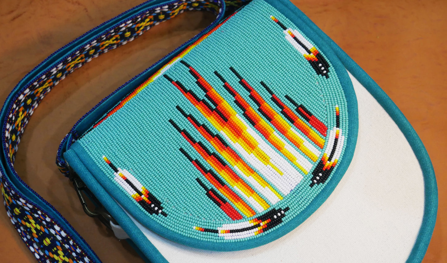 Handmade Beaded Canvas Crossbody Bag , Shoulder Bag, Gift for Her, Gift for him ( Turquoise Geometric)