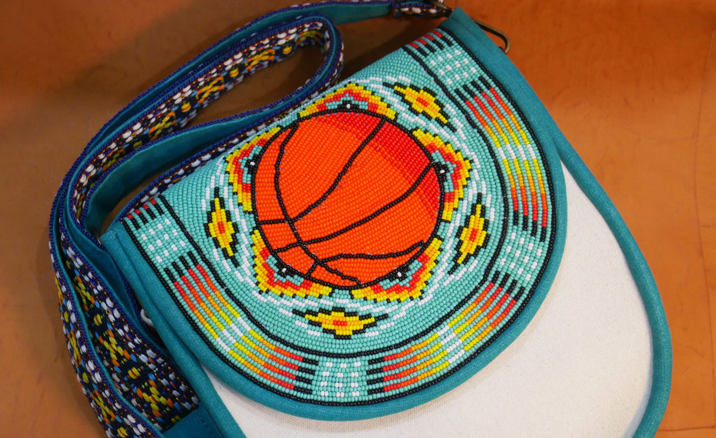 Handmade Beaded Canvas Crossbody Bag , Shoulder Bag, Gift for Her, Gift for him (Turquoise Basketball)