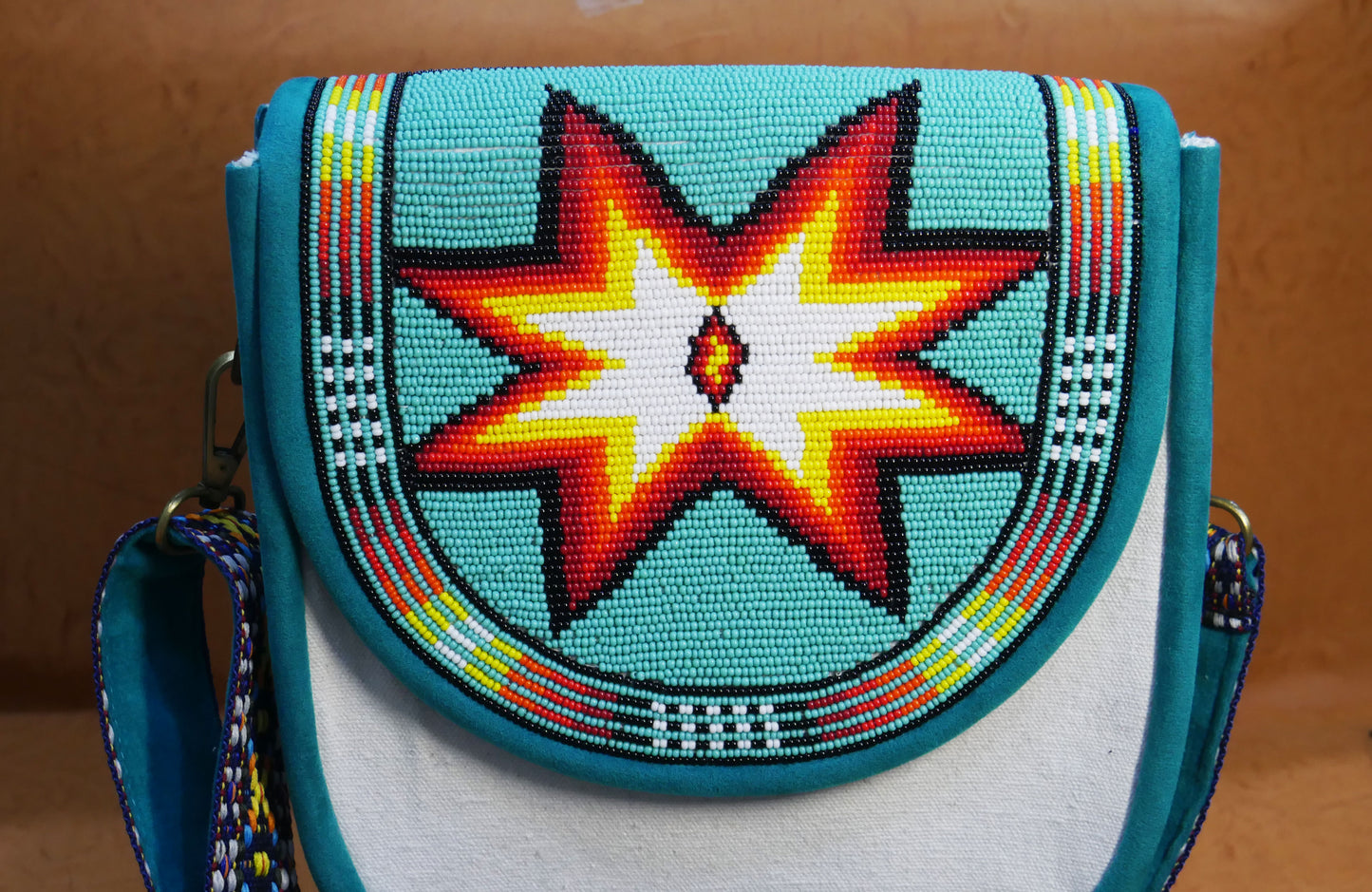 Handmade Beaded Canvas Crossbody Bag , Shoulder Bag, Gift for Her, Gift for him (Turquoise Star)
