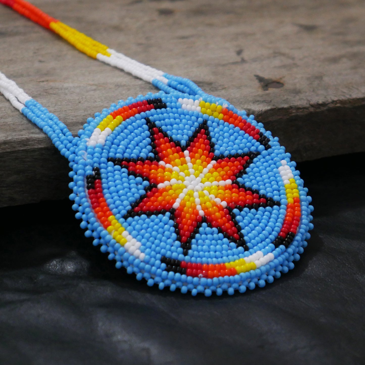 Sky-Blue Native American Beaded Morning Star Medallion Necklace With Beaded Earring ( Handmade )