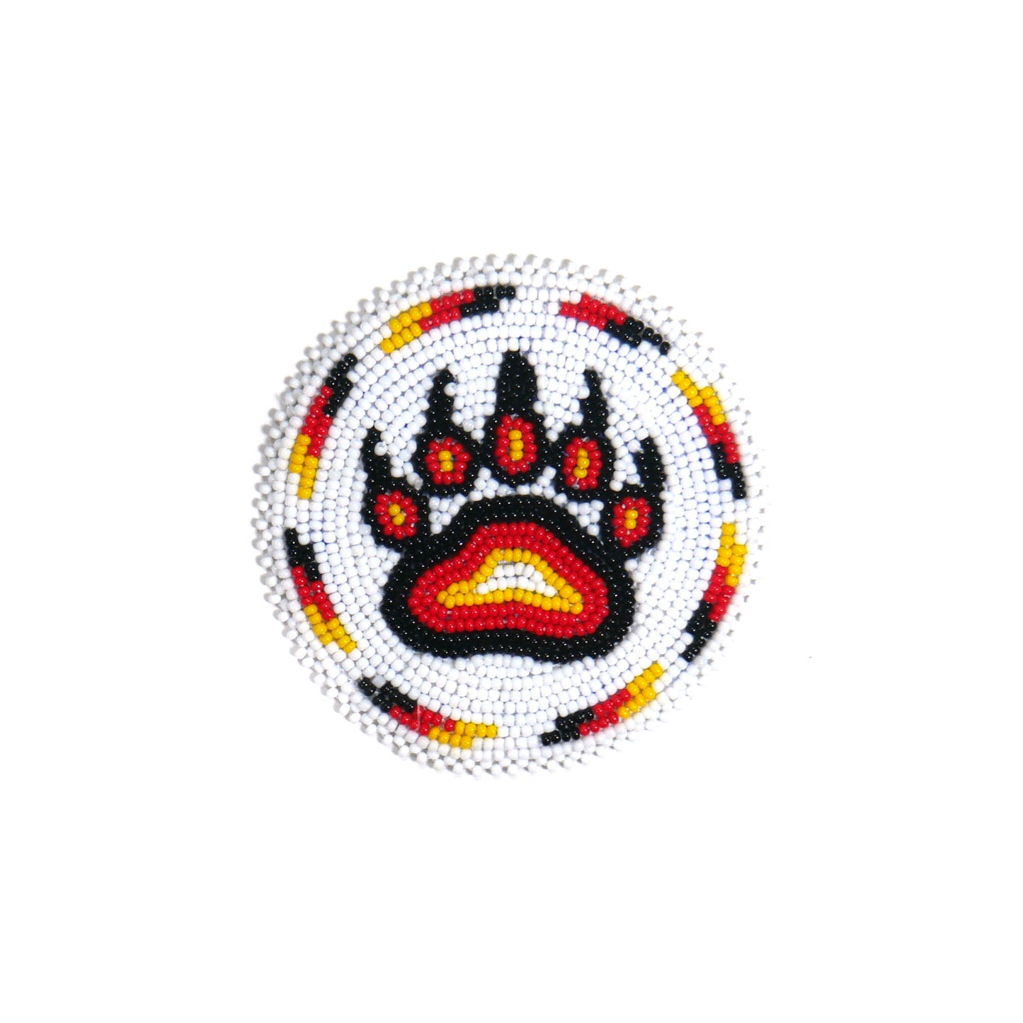 WHITE & RED BEAR PAW HANDMADE NATIVE AMERICAN BEADED CRAFT APPLIQUE PATCH ROSETTE 3.0 inch