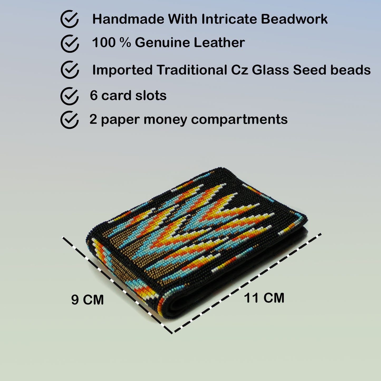 Black Handmade beaded Leather Wallet seed bead Native American Beadwork| traditional gifts for men and women