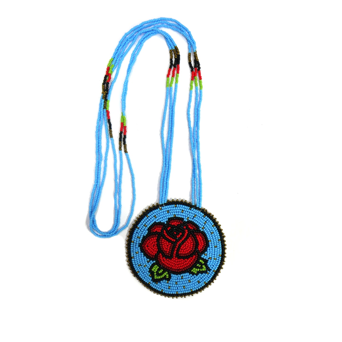 Sky-Blue Native American Rose Beaded Medallion Necklace ( Handmade )