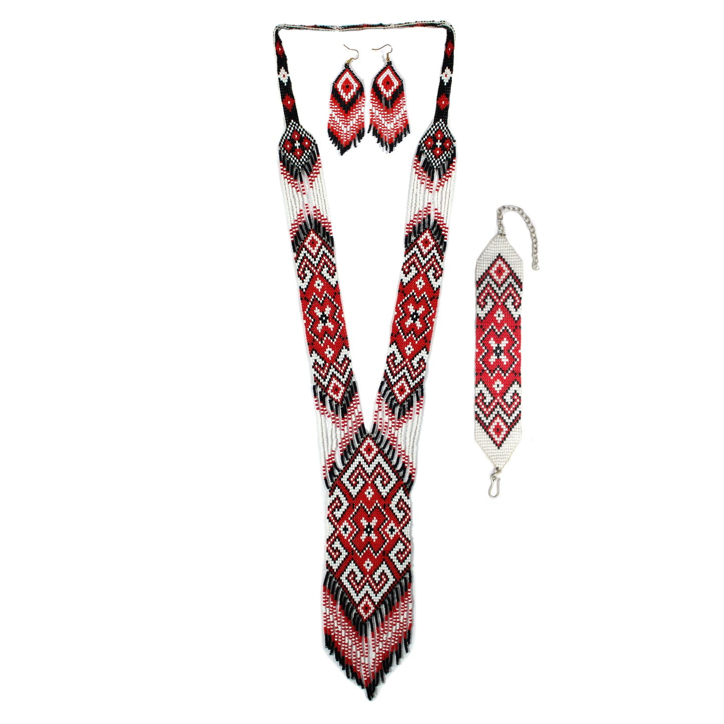 Red & White Flower Native American Beaded Necklace ( Handmade )