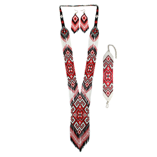 Red & White Flower Native American Beaded Necklace ( Handmade )